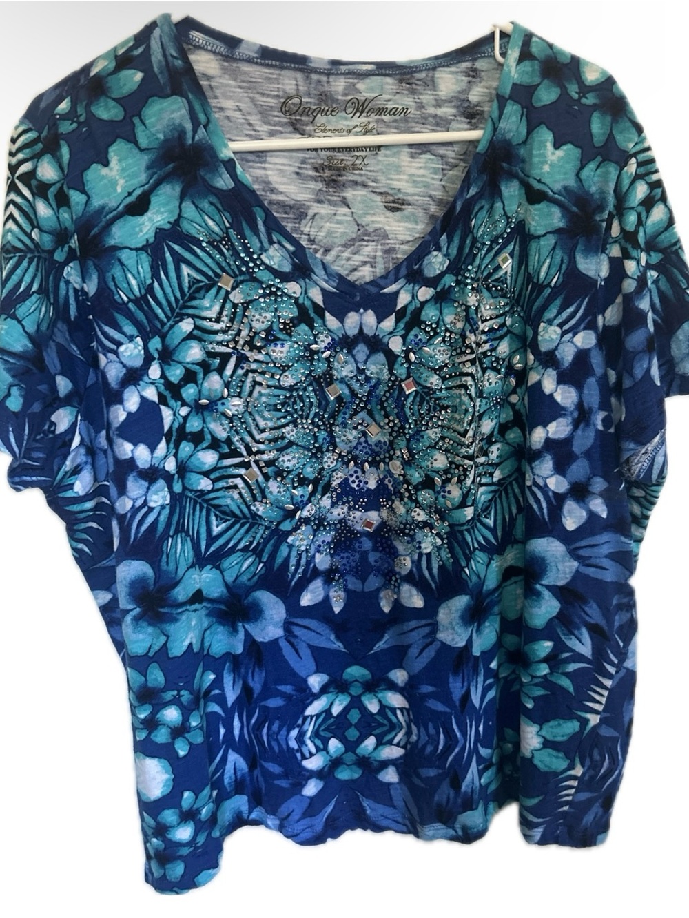 Blue Floral V-Neck Short Sleeve Top with Embellishments